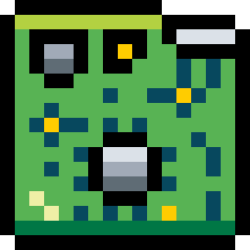 Pixel art of a green computer circuit board with various electronic components and connectors.