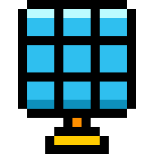 A 3x3 grid of blue squares with a small orange square below the center, a yellow rectangle below the orange square, and black background.