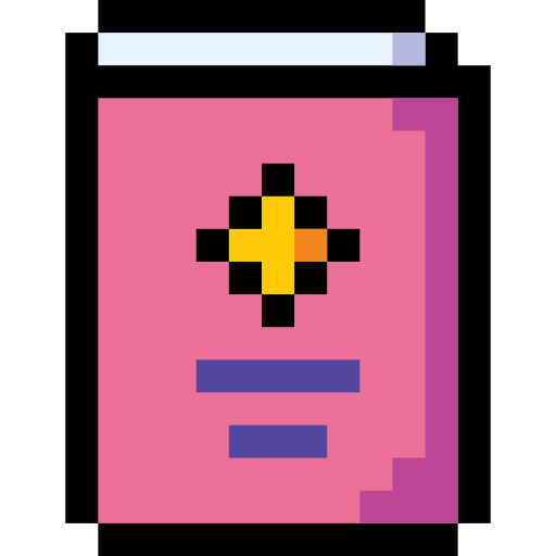 Pixel art of a pink book with a yellow and black cross design on the cover.