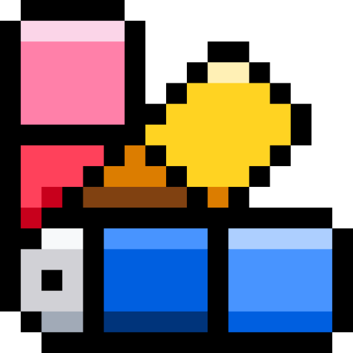 Pixelated cartoon of a pink glass of juice, a red and white CVS medicine bottle, a brown cupcake with a cherry on top, a yellow sunflower, and two blue gift boxes with white ribbons.