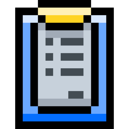 Pixel art depiction of a smartphone with a blue frame and a gray screen showing icons and text.