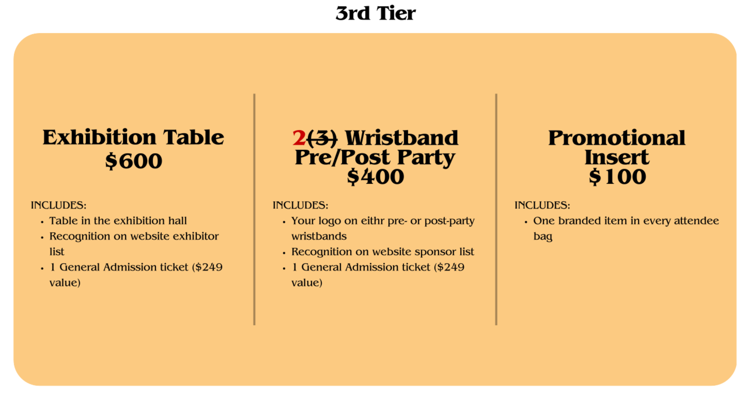 Bitcoin is for Everyone 2026 3rd Tier Sponsorship Opportunities: Exhibition Table $600, Wristband Pre/Post Party $400, Promotional Insert $100. Includes table in exhibition hall, logo on wristbands, and branded items in every attendee bag.