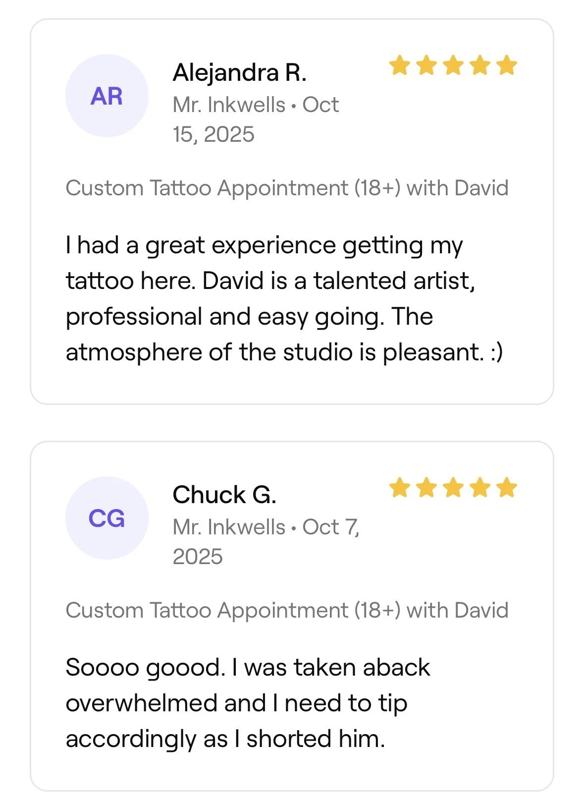 Customer reviews for a tattoo studio, showing names, dates, star ratings, and feedback about a tattoo experience with artist David.
