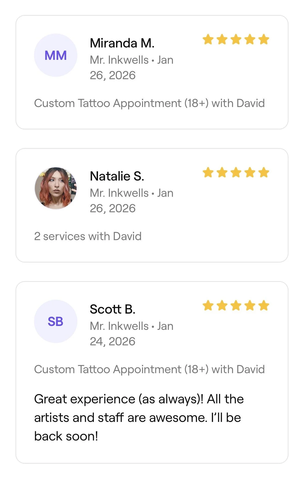 Customer reviews for tattoo artists, showing names, photos, dates, star ratings, and service details.