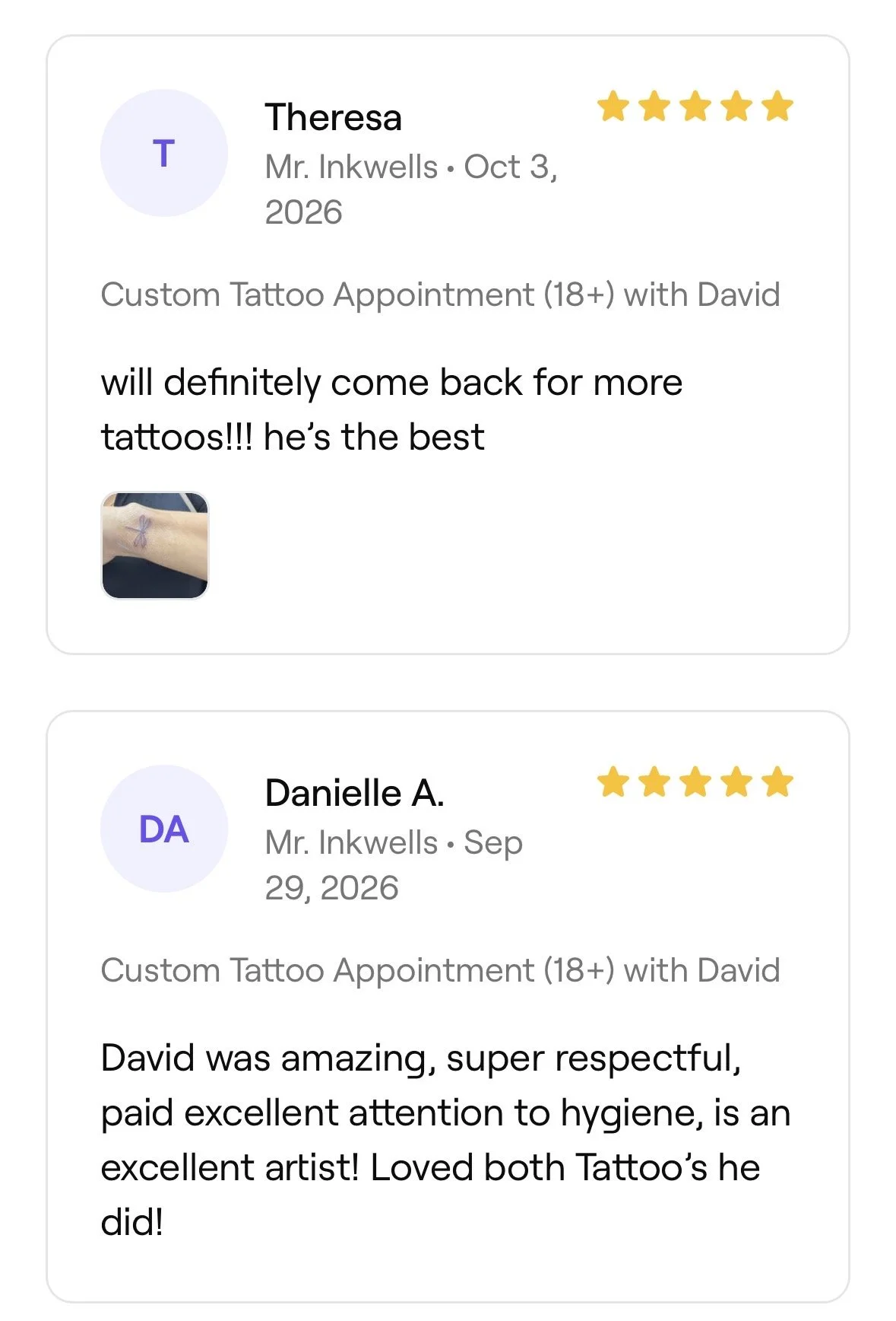 Online reviews for a tattoo artist named David at Mr. Inkwells. One review has a photo of a small tattoo on a person's wrist, possibly a purple bow. Both reviews are 5-star ratings, praising David's skill, professionalism, and hygiene.