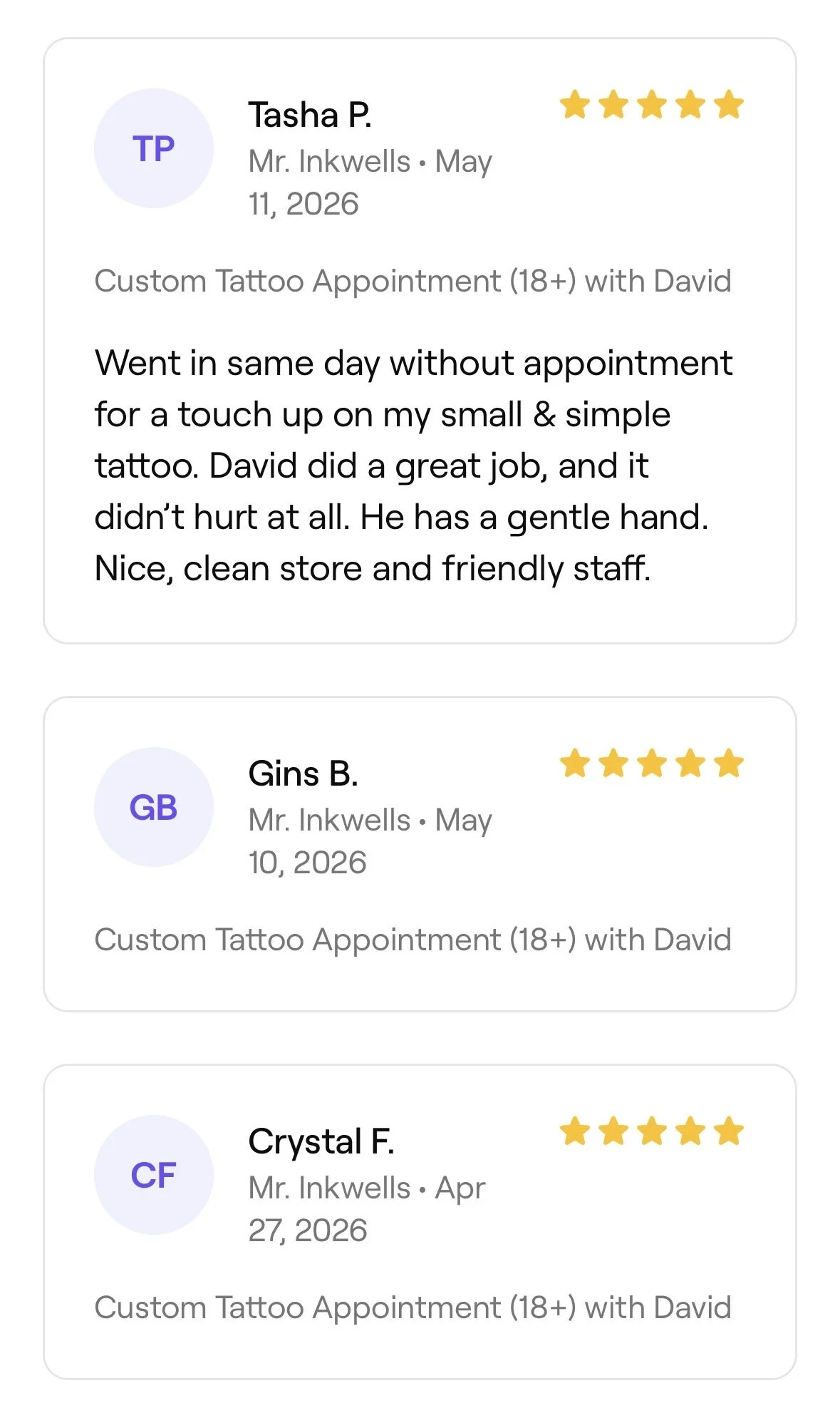 Screenshots of three different reviews for a tattoo appointment with a tattoo artist named David, showing ratings in stars and comments about the quality of the tattoo and the staff.