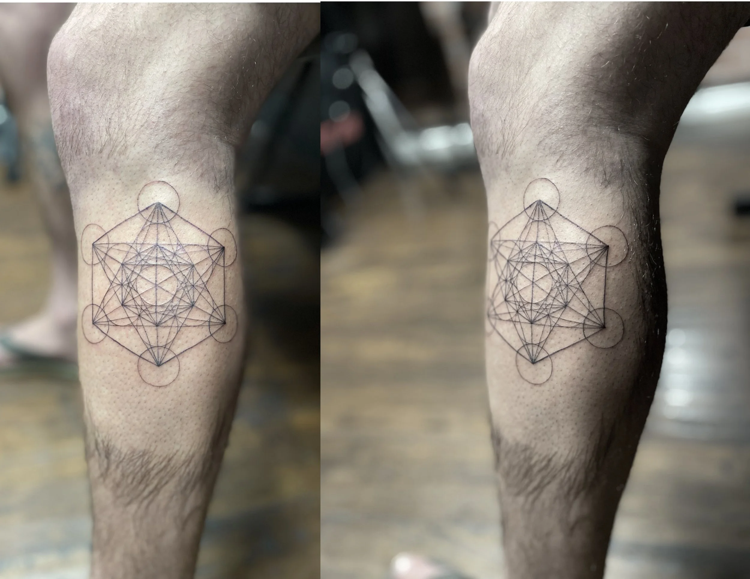 Close-up of a person's leg with a geometric tattoo design on the lower part of the leg.