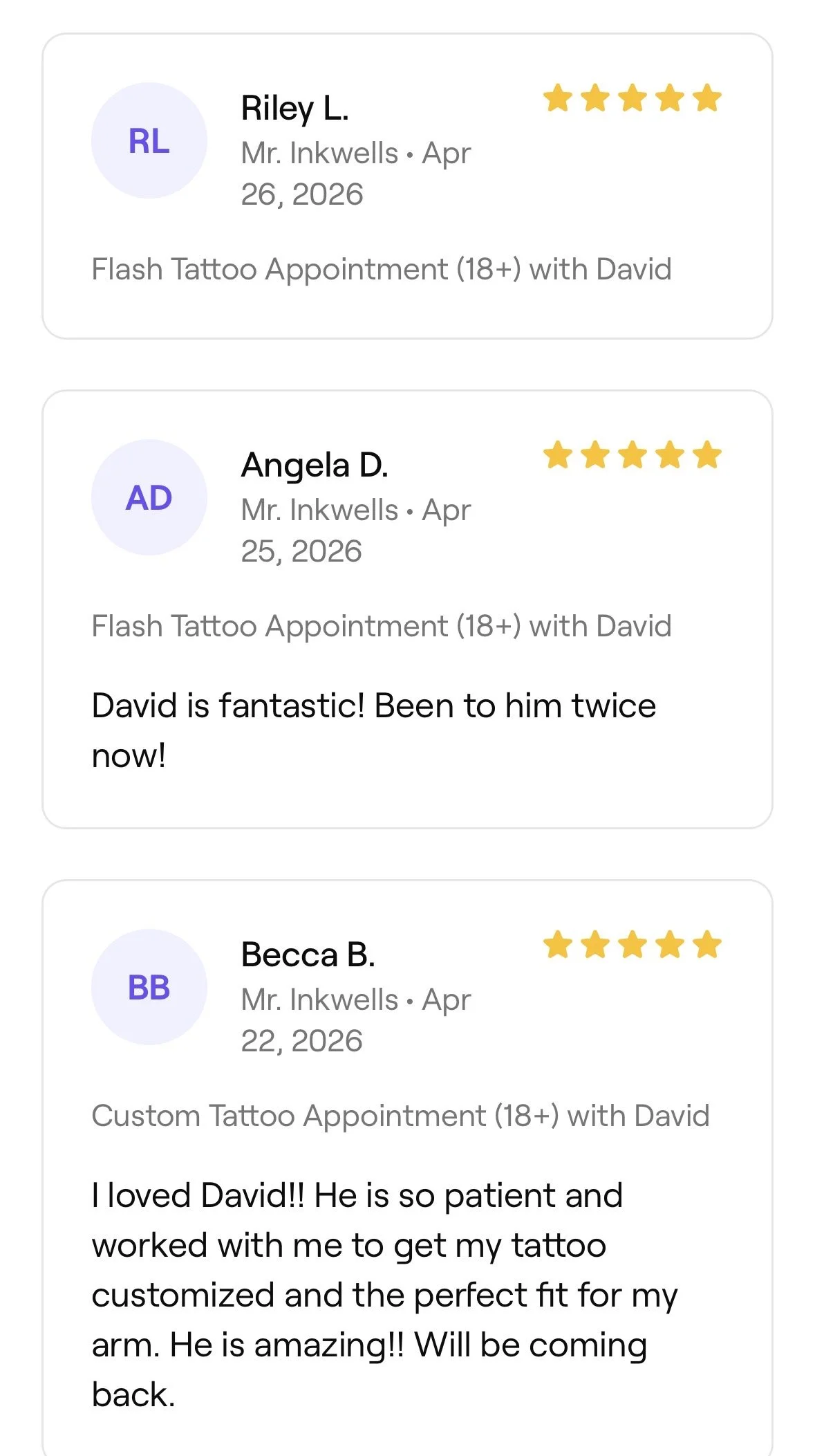 Customer reviews for tattoo appointments with ratings of five stars, including positive comments about the tattoo artist David.