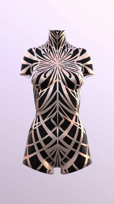 A mannequin with a black and white abstract geometric body paint design.