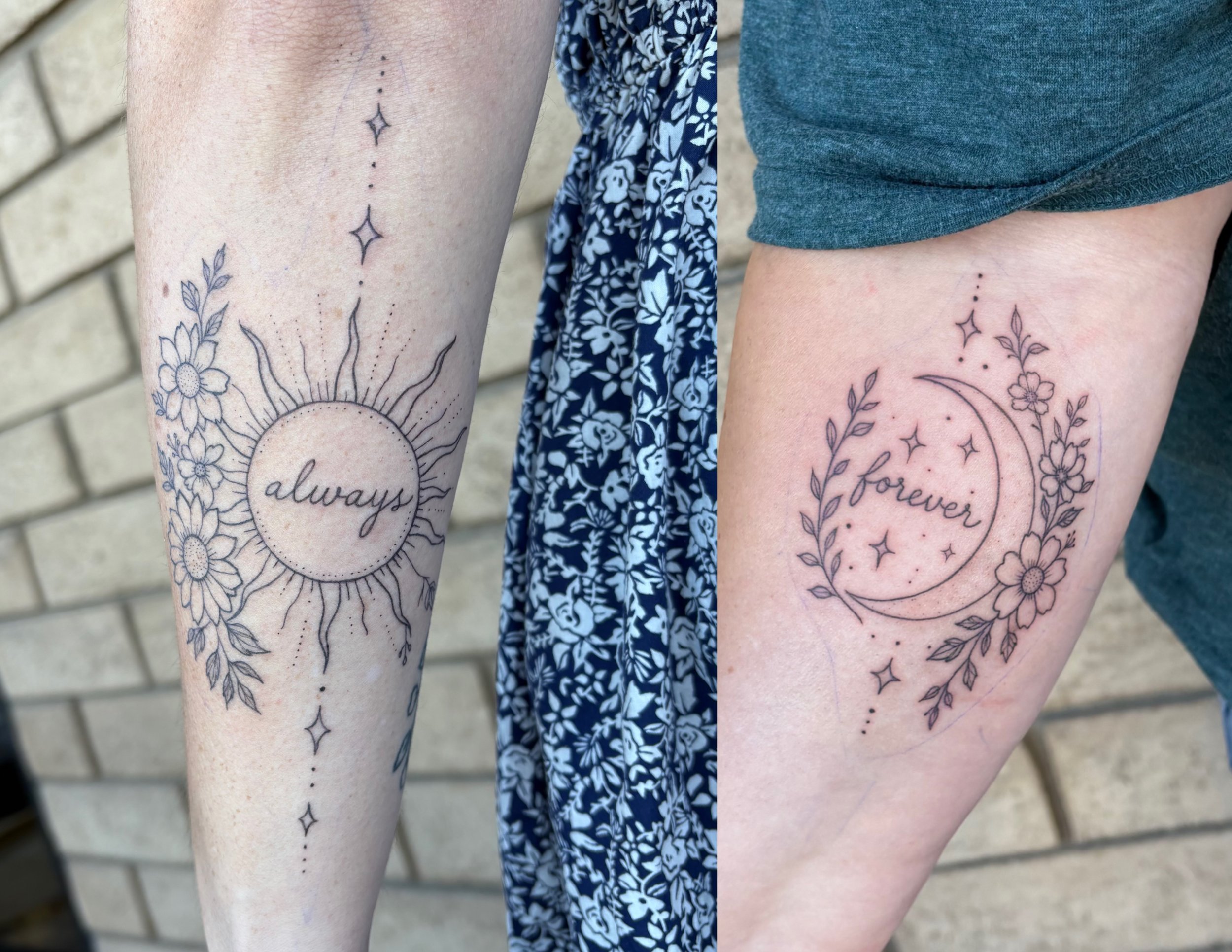 Tattoo featuring a sun with floral designs, a crescent moon, stars, and the words 'always' and 'forever' on two different people's arms.