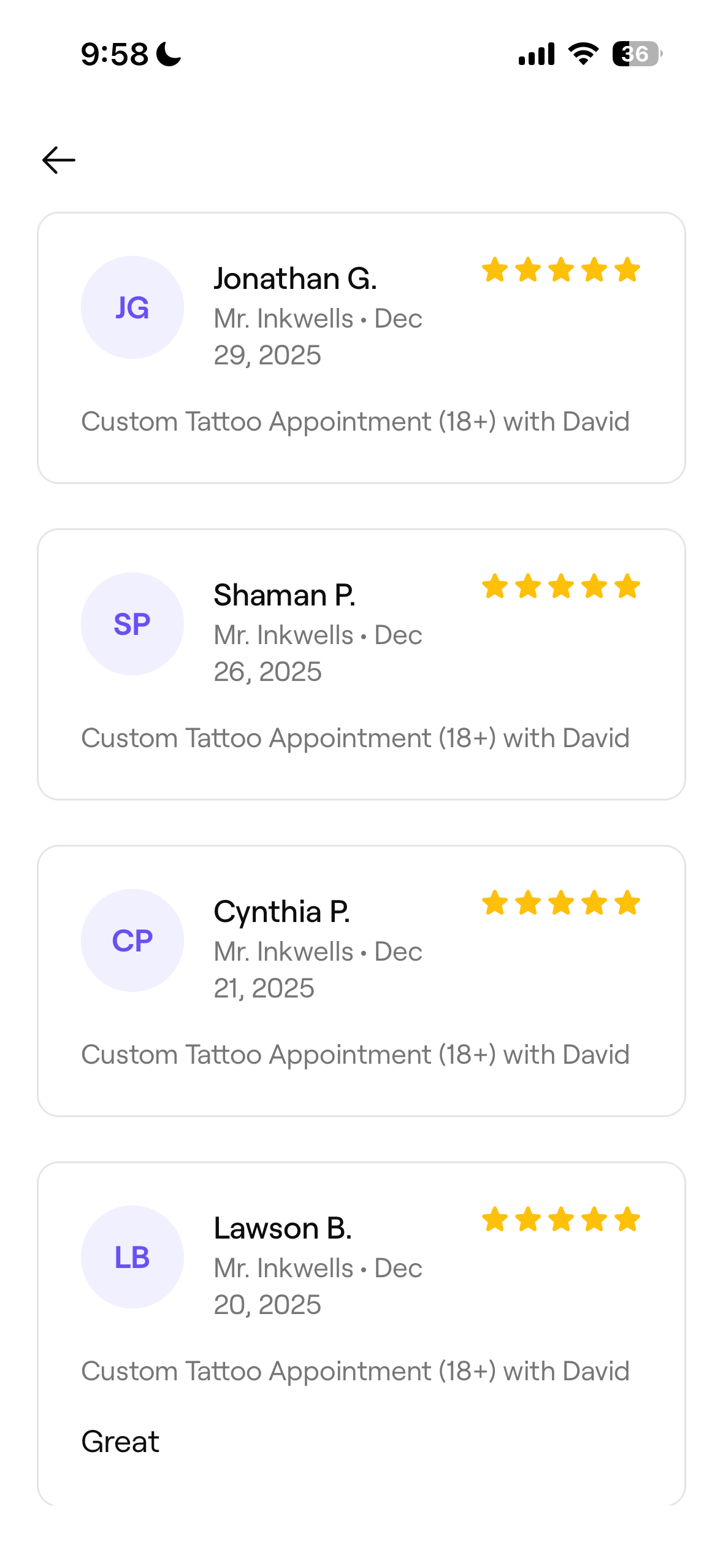 Screenshots of four customer reviews for a tattoo appointment service, showing the names, dates, star ratings, and brief comments.