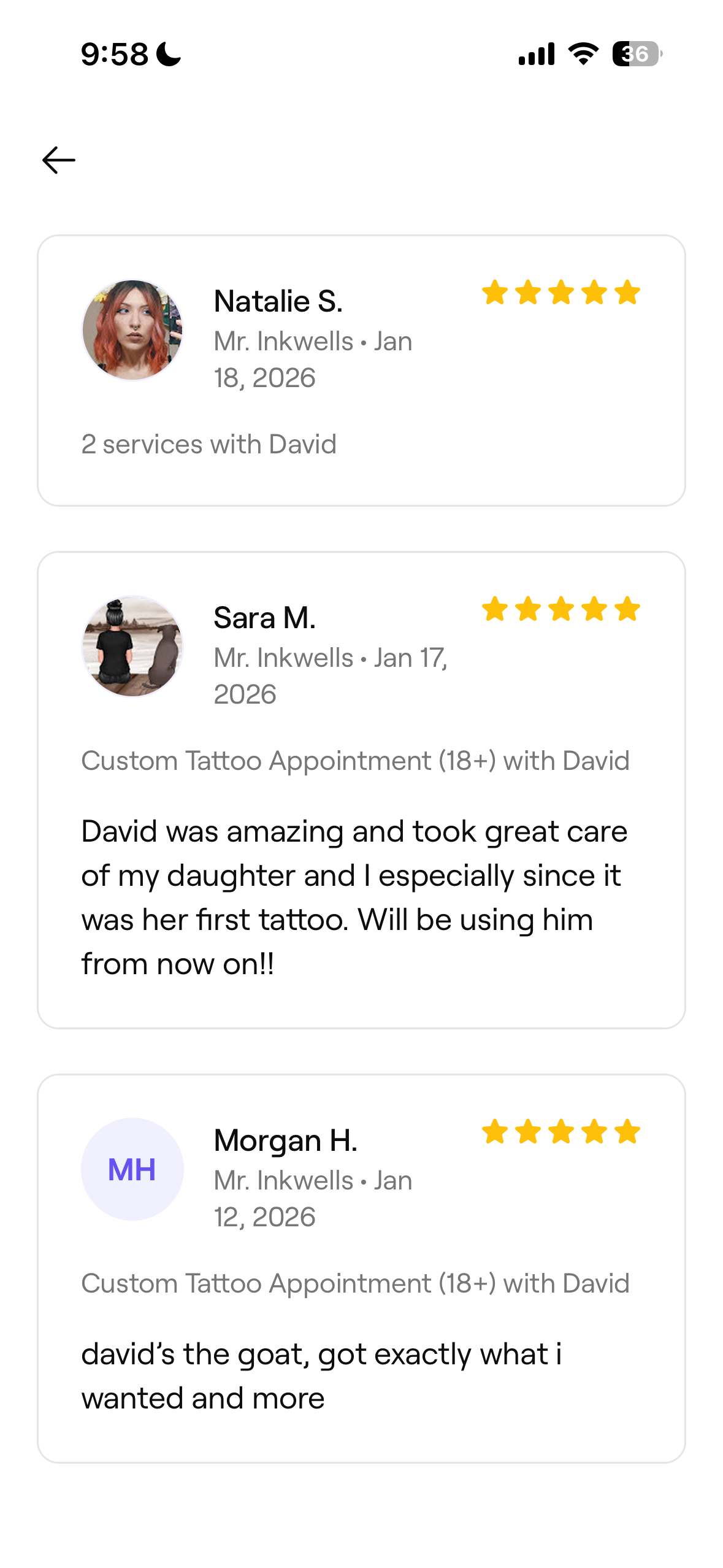 Screenshot of a mobile app showing customer reviews for a tattoo appointment service, with customer photos, names, dates, star ratings, and reviews.