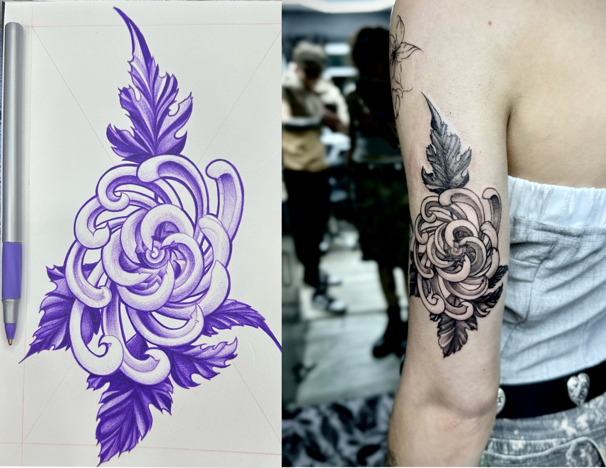 A side-by-side comparison of a detailed, purple ink drawing of a floral design on paper and a black ink tattoo of the same floral design on a person's arm.