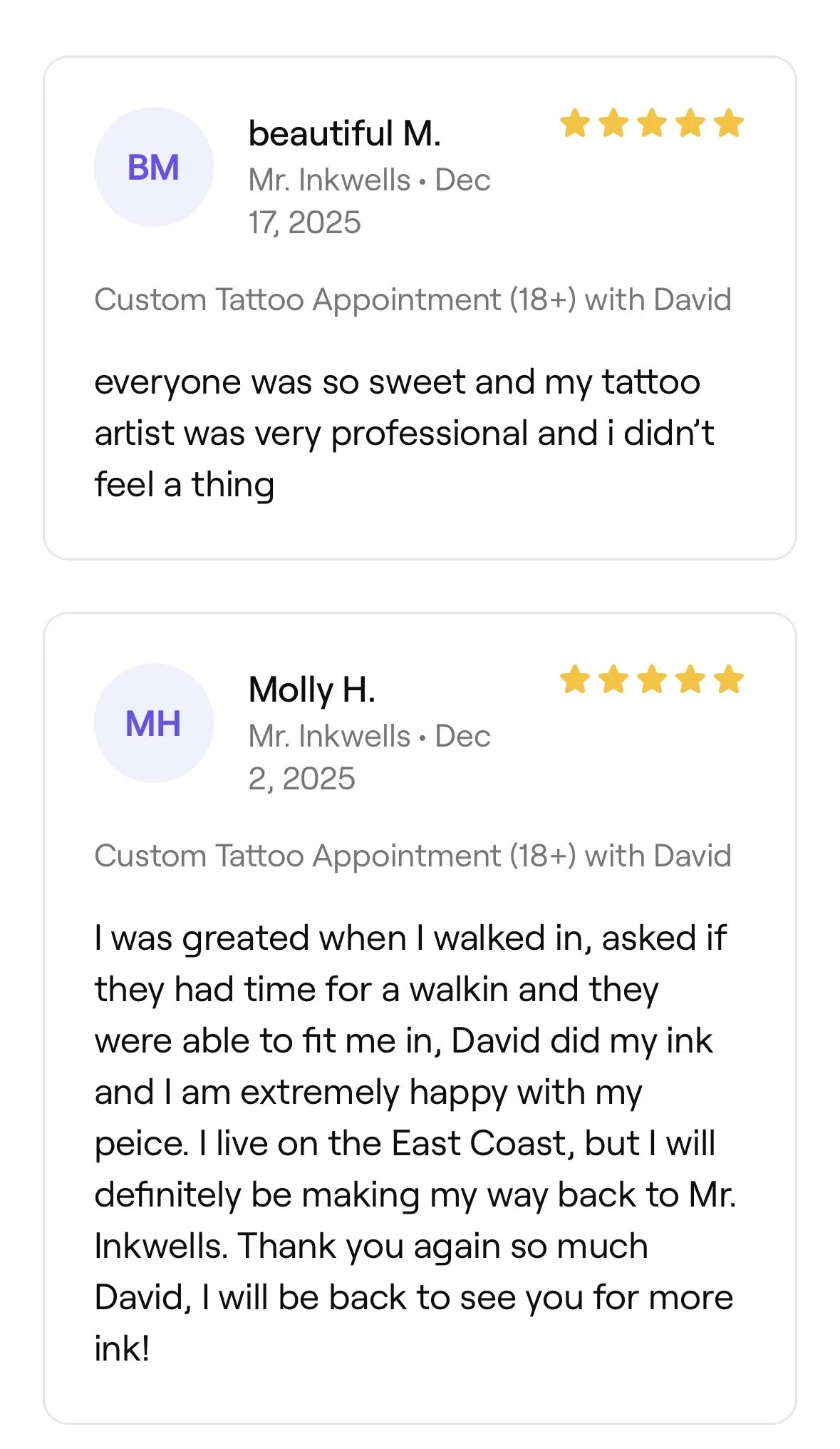 Online review comments for a tattoo appointment with a five-star rating, praising the professionalism and friendliness of the tattoo artist, David, and describing the positive experience.