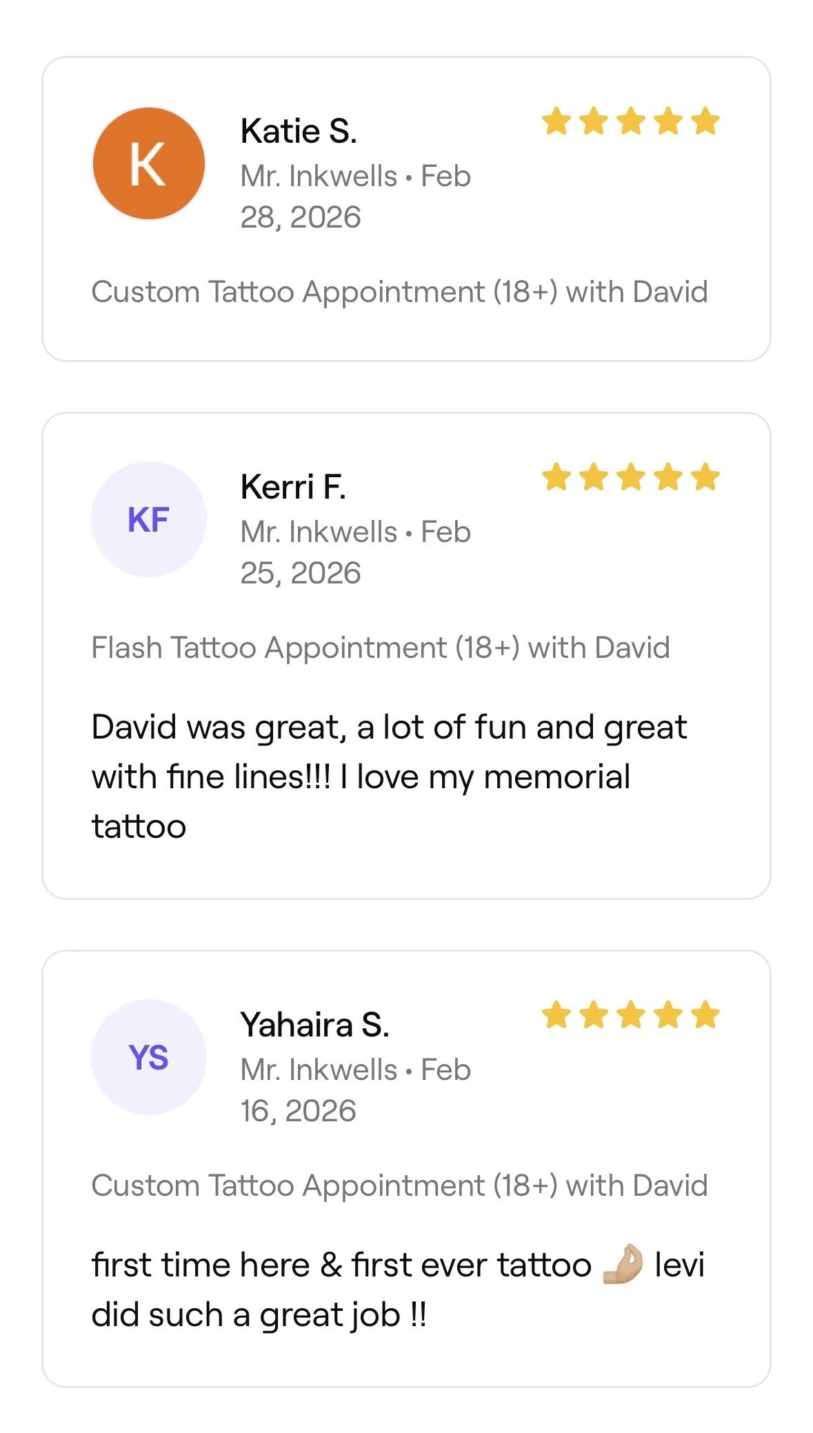 Customer reviews for a tattoo artist, with names and dates, 5-star ratings, and positive comments about their tattoo experiences.