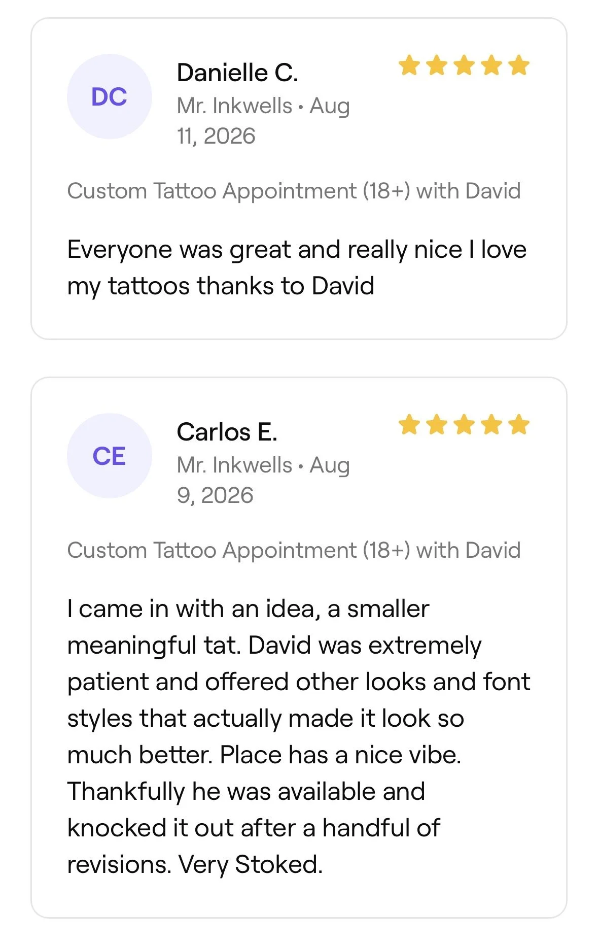 Customer reviews for a tattoo appointment with positive feedback, including star ratings and comments about the experience and the tattoo artist.
