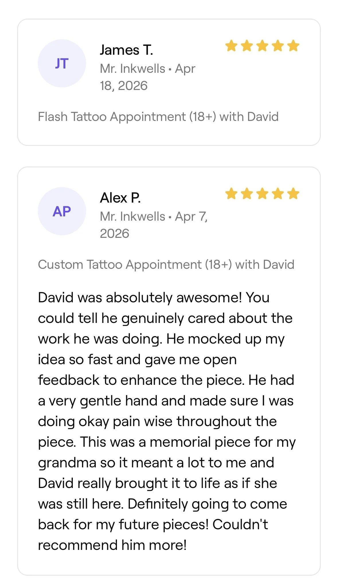 Customer reviews for tattoo appointments, star ratings, and a detailed positive testimonial about the tattoo artist, David.