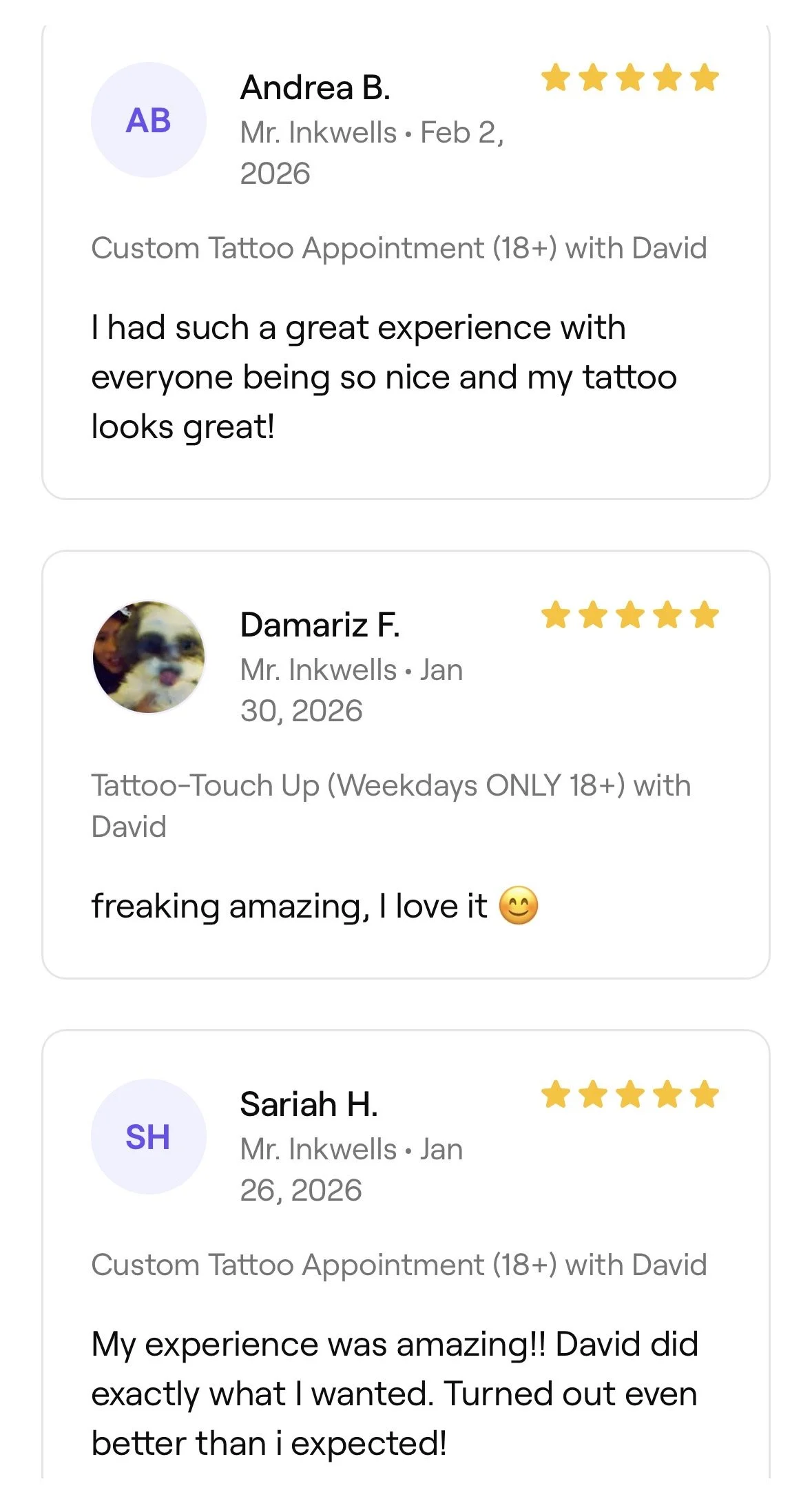 Online reviews for a tattoo studio with star ratings from three clients, including profile pictures, names, review dates, and comments about their tattoo experiences.