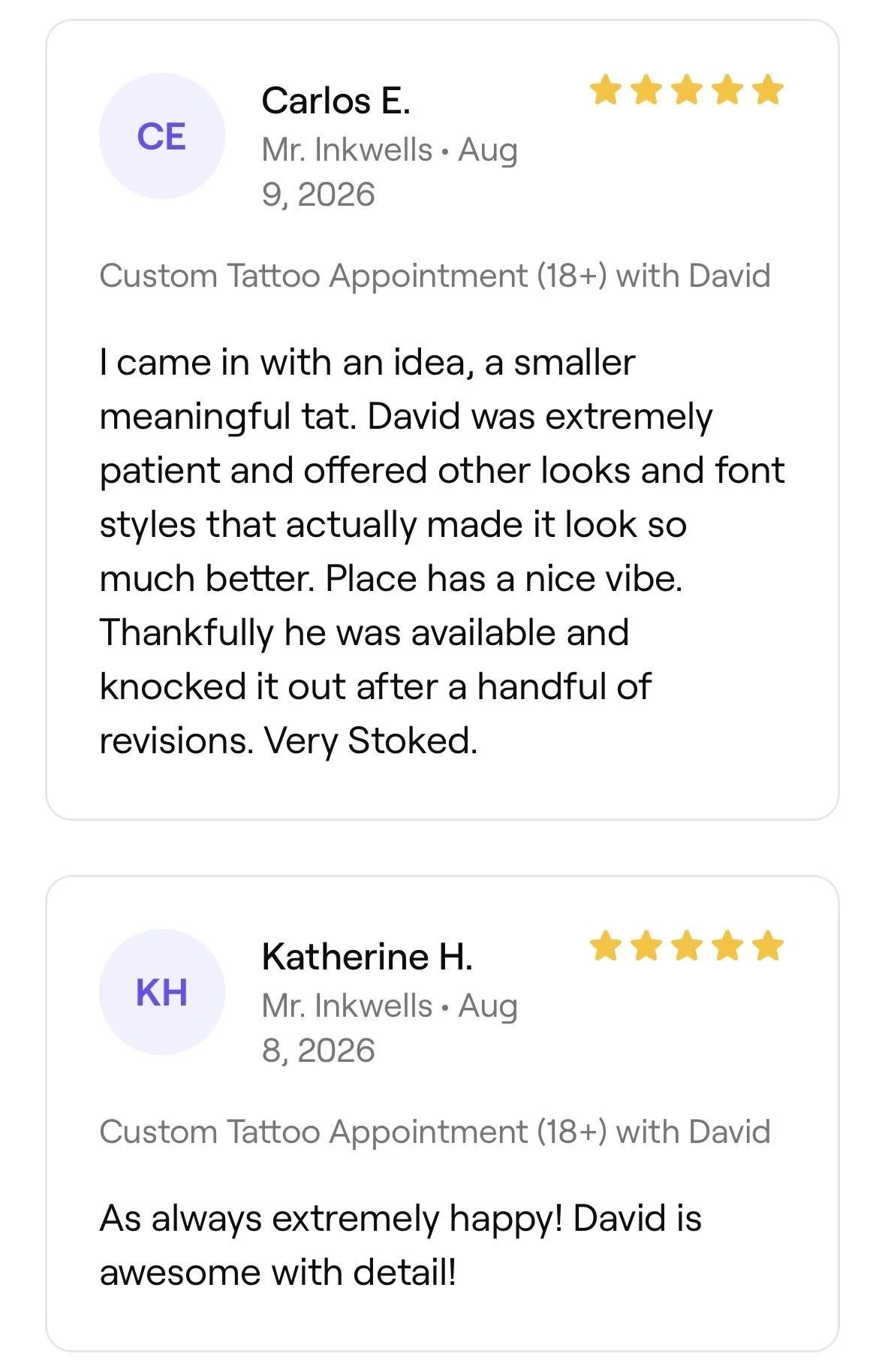 Online reviews of a tattoo studio, showing customer names, dates, star ratings, and comments about their experiences with tattoo artist David.