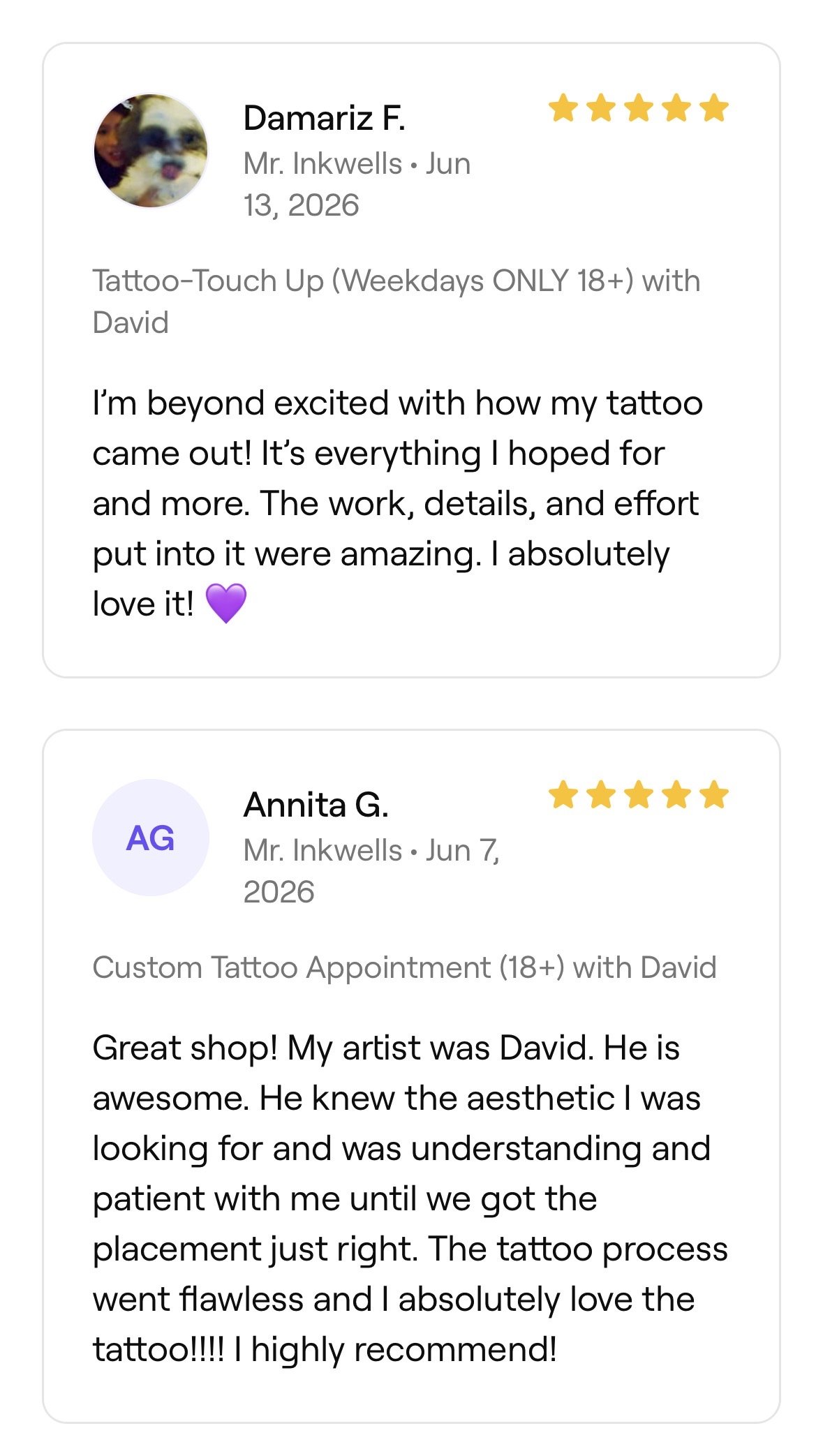 Customer reviews for tattoo artist David including a five-star rating from Damariz F. expressing excitement about her tattoo and high praise for his work.
