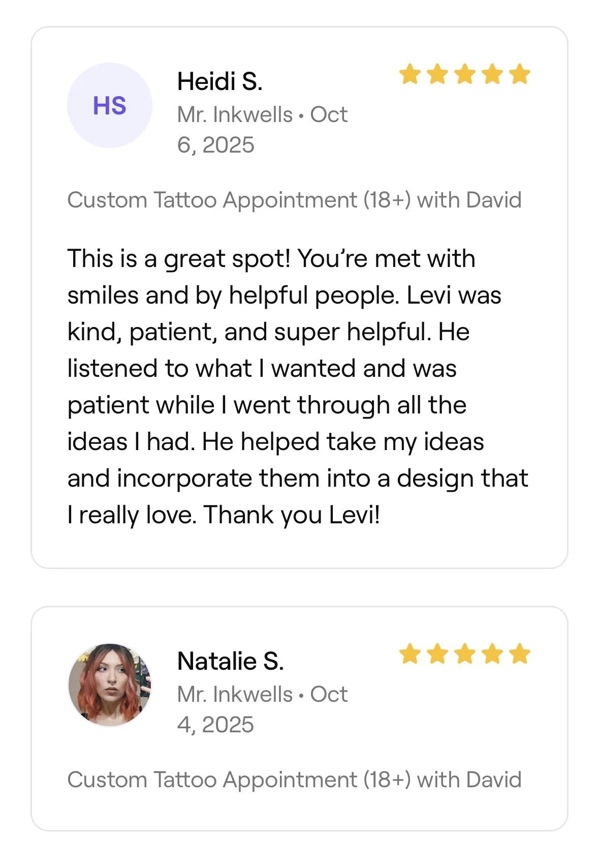 Customer review of a tattoo appointment on a mobile app, showing a five-star rating, the customer's name Heidi S., date October 6, 2025, and a positive comment about the experience with a tattoo artist named Levi.