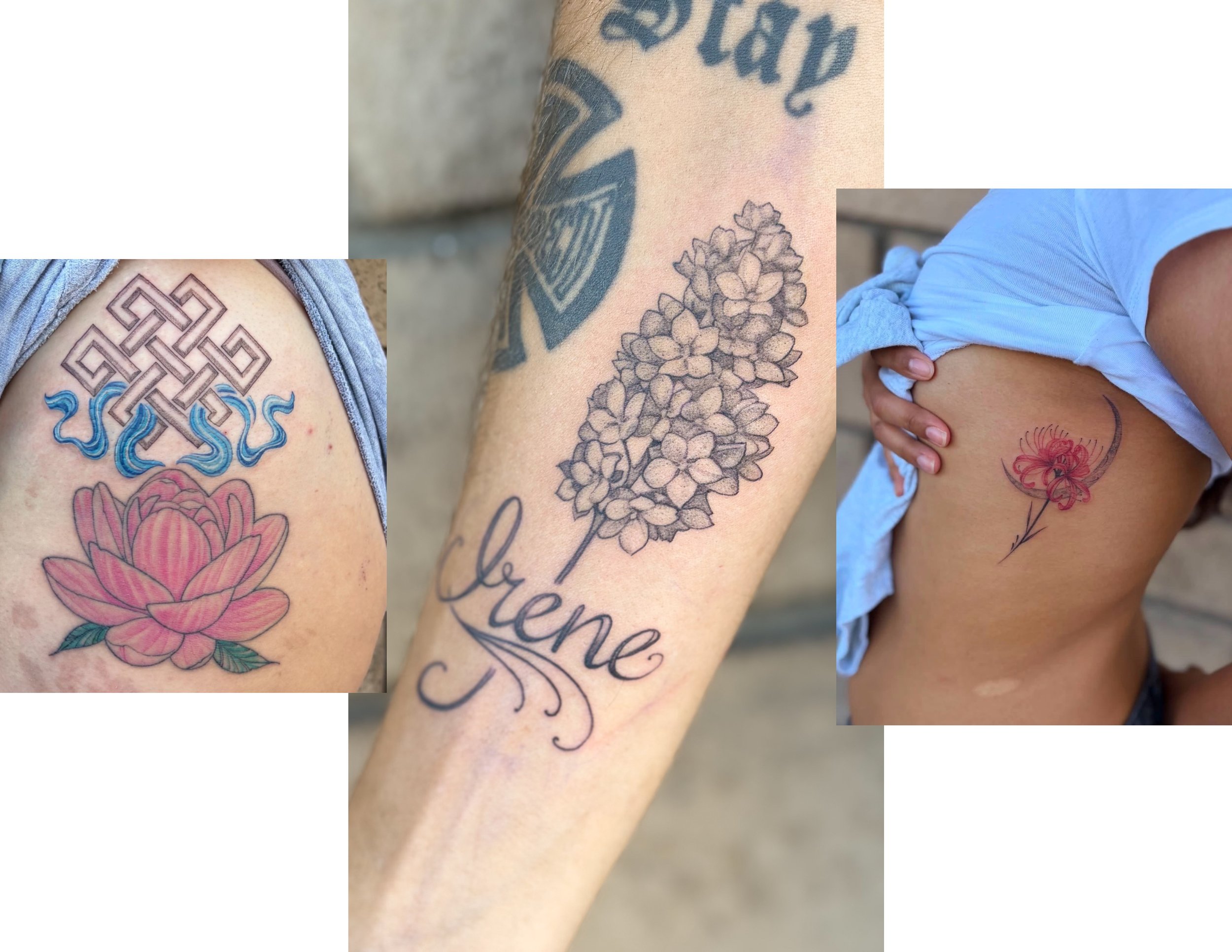 Close-up of four colorful tattoos on skin featuring a lotus flower, Chinese pattern, cluster of flowers, and the words "be" and "loving" in cursive.