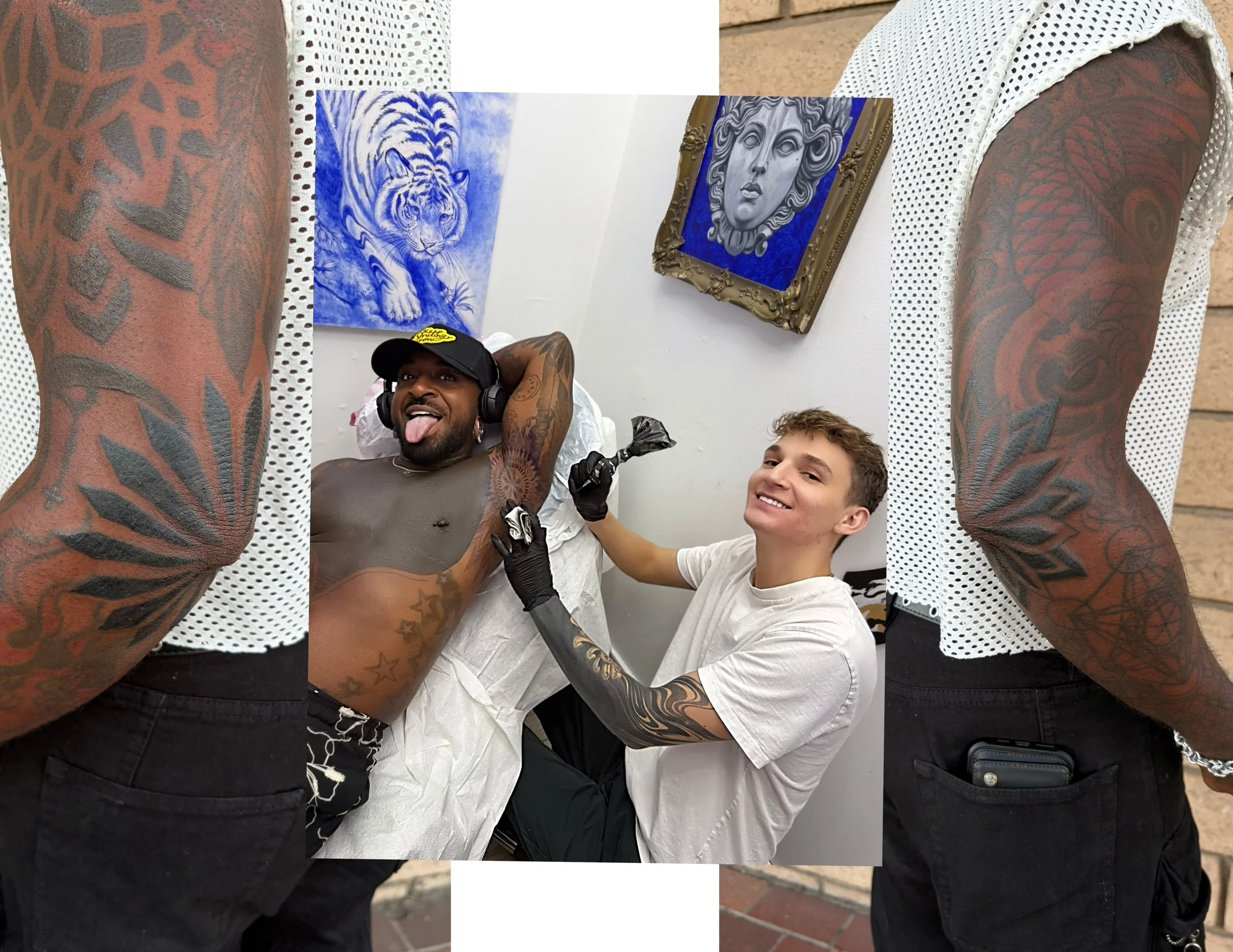 People with tattoos on their arms, one man with a cap and headphones, and a young person, with artwork hanging on a white wall in the background.