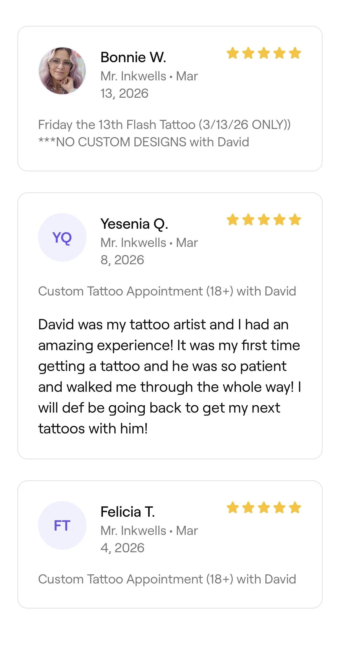 Customer reviews for a tattoo artist named David, including star ratings and personal experiences about getting tattoos and tattoo appointments with him.