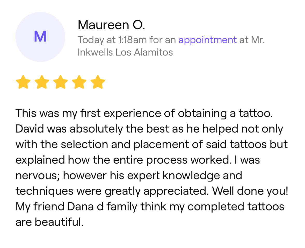 Online review with five stars, review by Maureen O. about getting tattoos from David at Mr. Inkwells Los Alamitos, describing positive experience.