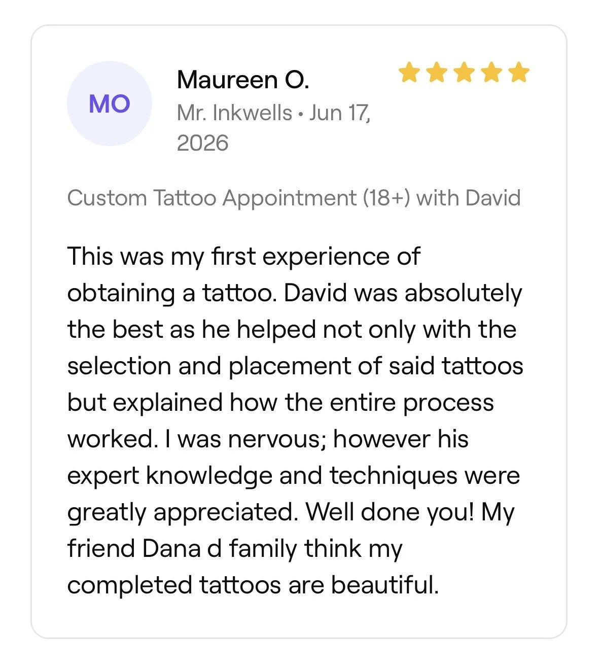 Review for a tattoo appointment on a mobile app, including a five-star rating and a detailed positive testimonial about the experience.
