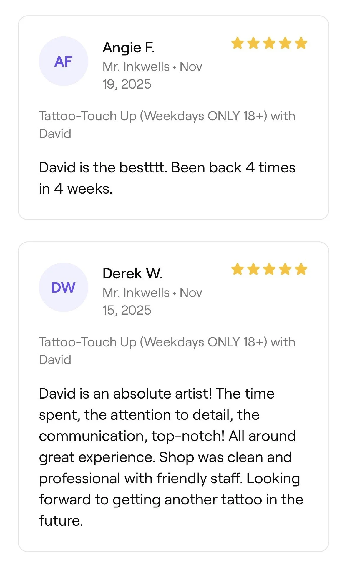 Screenshots of two 5-star reviews of tattoo touch-up service with details about the artists and experience.