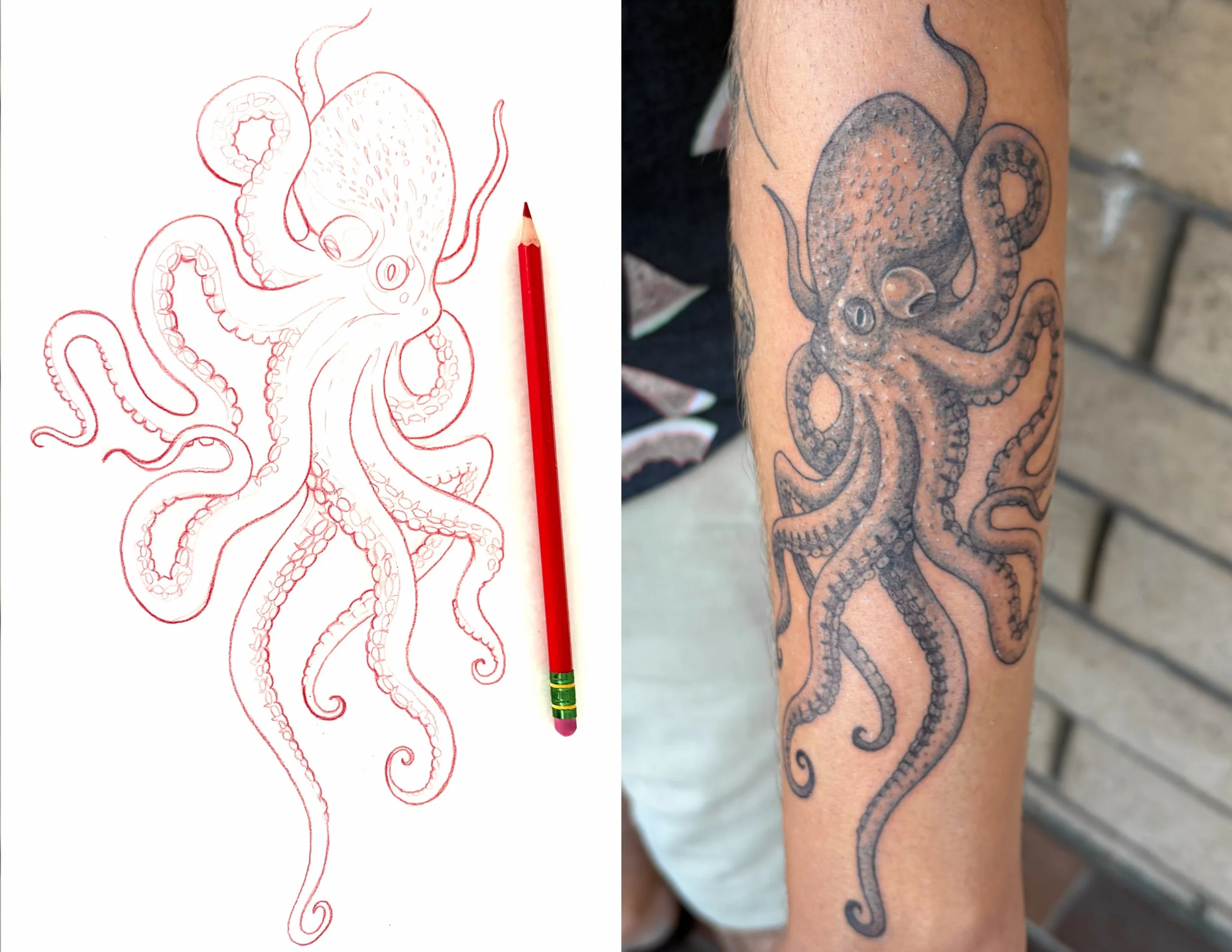 Left side shows a red ink outline drawing of an octopus, with tentacles, on white paper with a colored pencil beside it. The right side displays a black and gray tattoo of the same octopus on someone's arm.