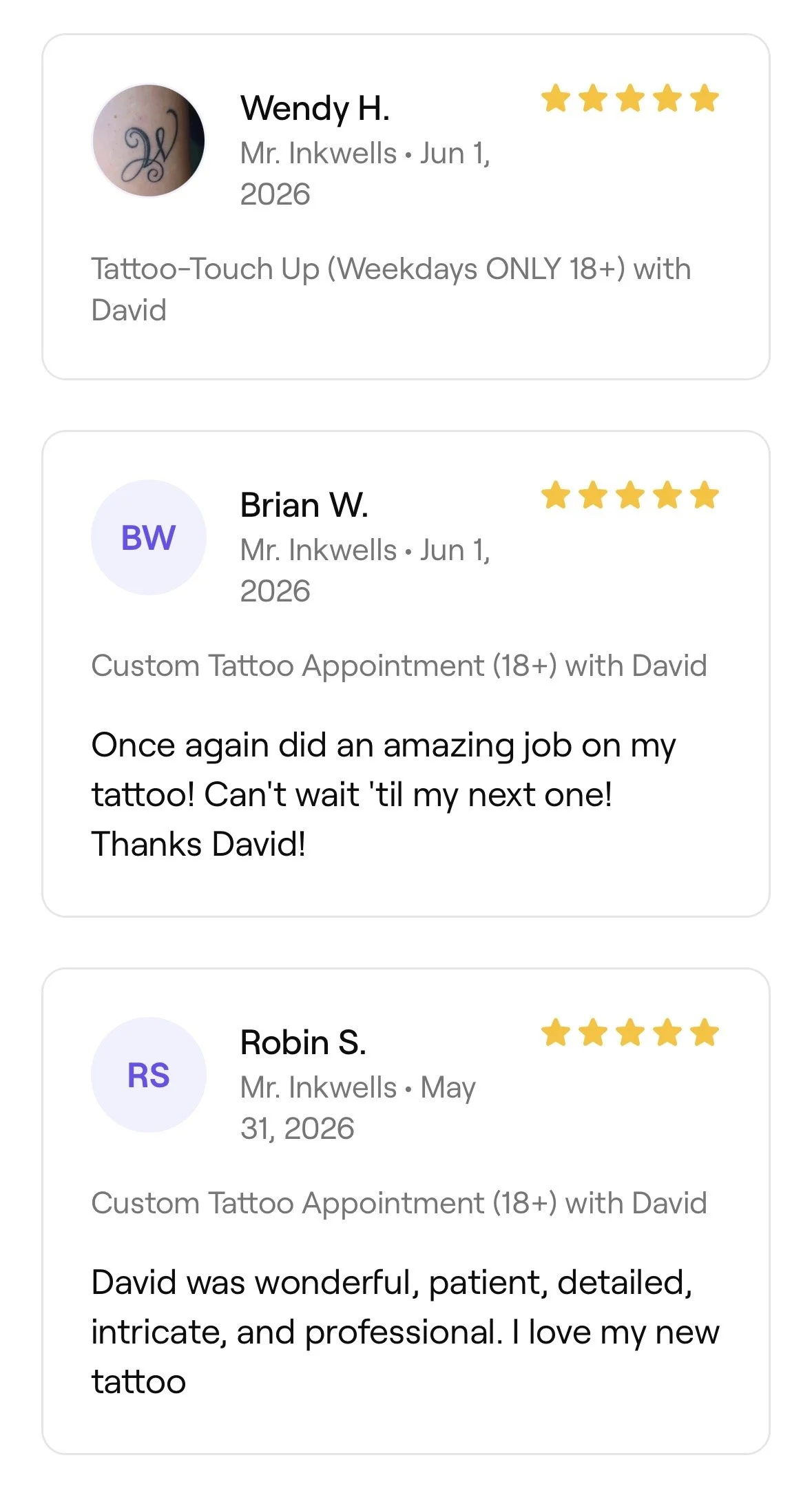 Customer reviews for a tattoo artist, featuring profile pictures, names, dates, and 5-star ratings, with positive comments about their tattoos and experience.