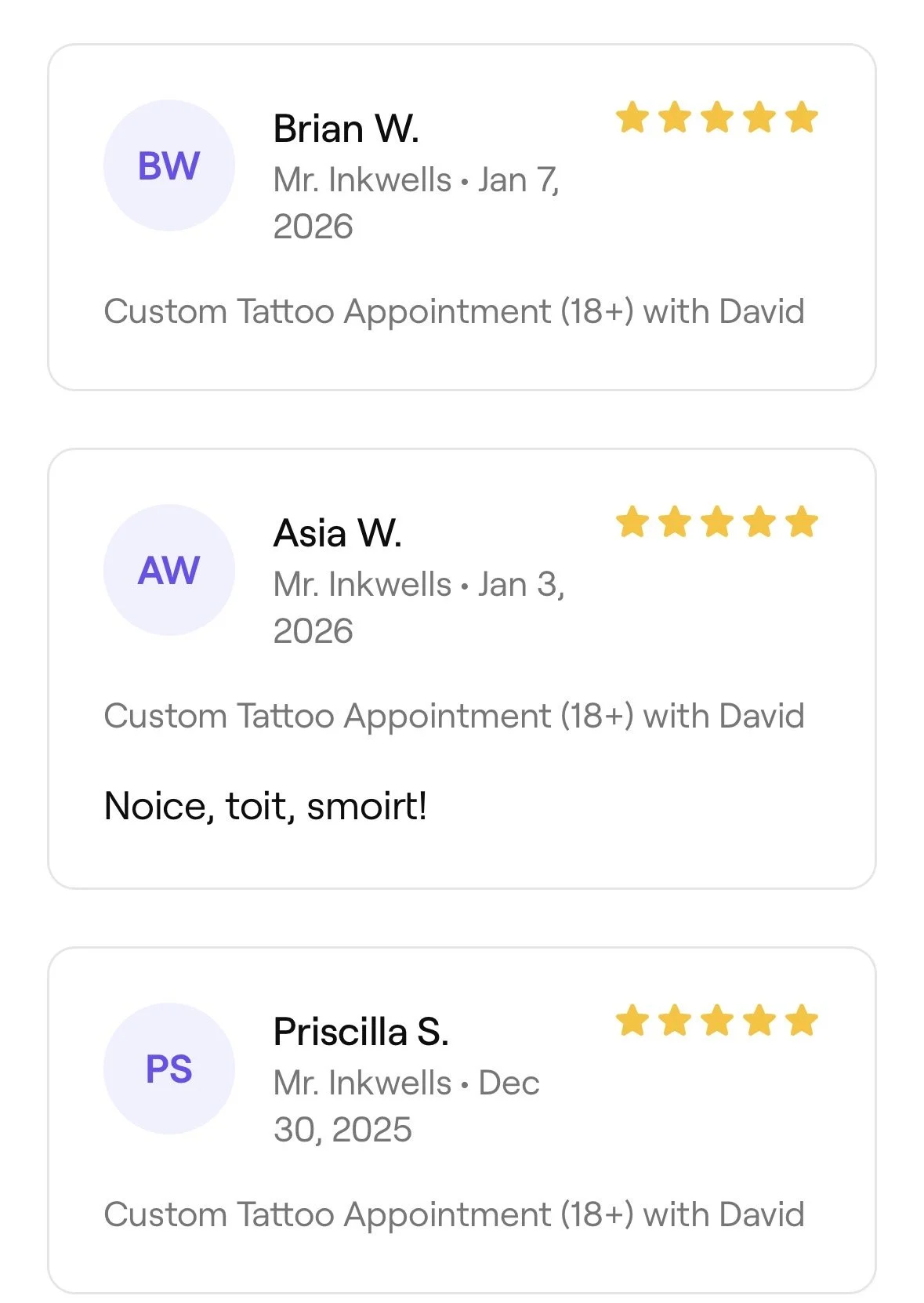 Screenshot of three customer reviews for tattoo appointments with rating stars, initials, names, and dates, including comments in French.
