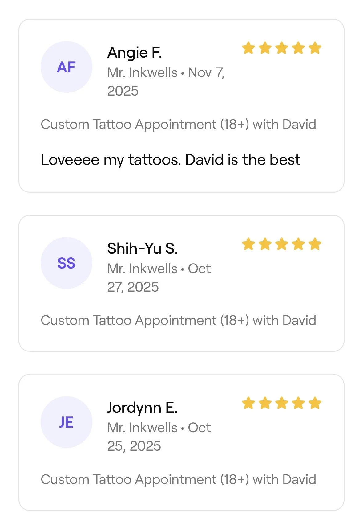 Online reviews for a tattoo parlor with names, dates, star ratings, and comments praising the tattoo artist David.