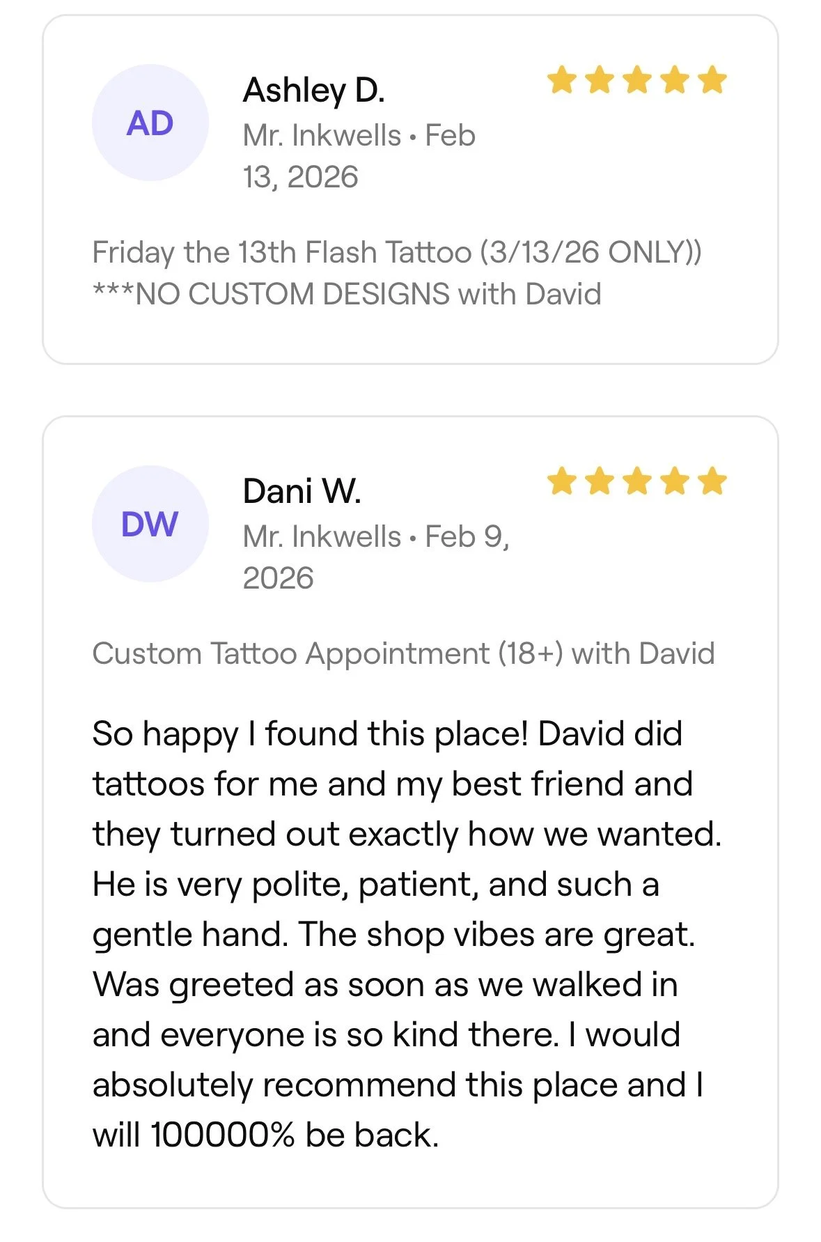 Screenshot of two customer reviews for a tattoo shop, showing customers Ashley D. and Dani W., their ratings, appointment dates, and positive comments about the experience.