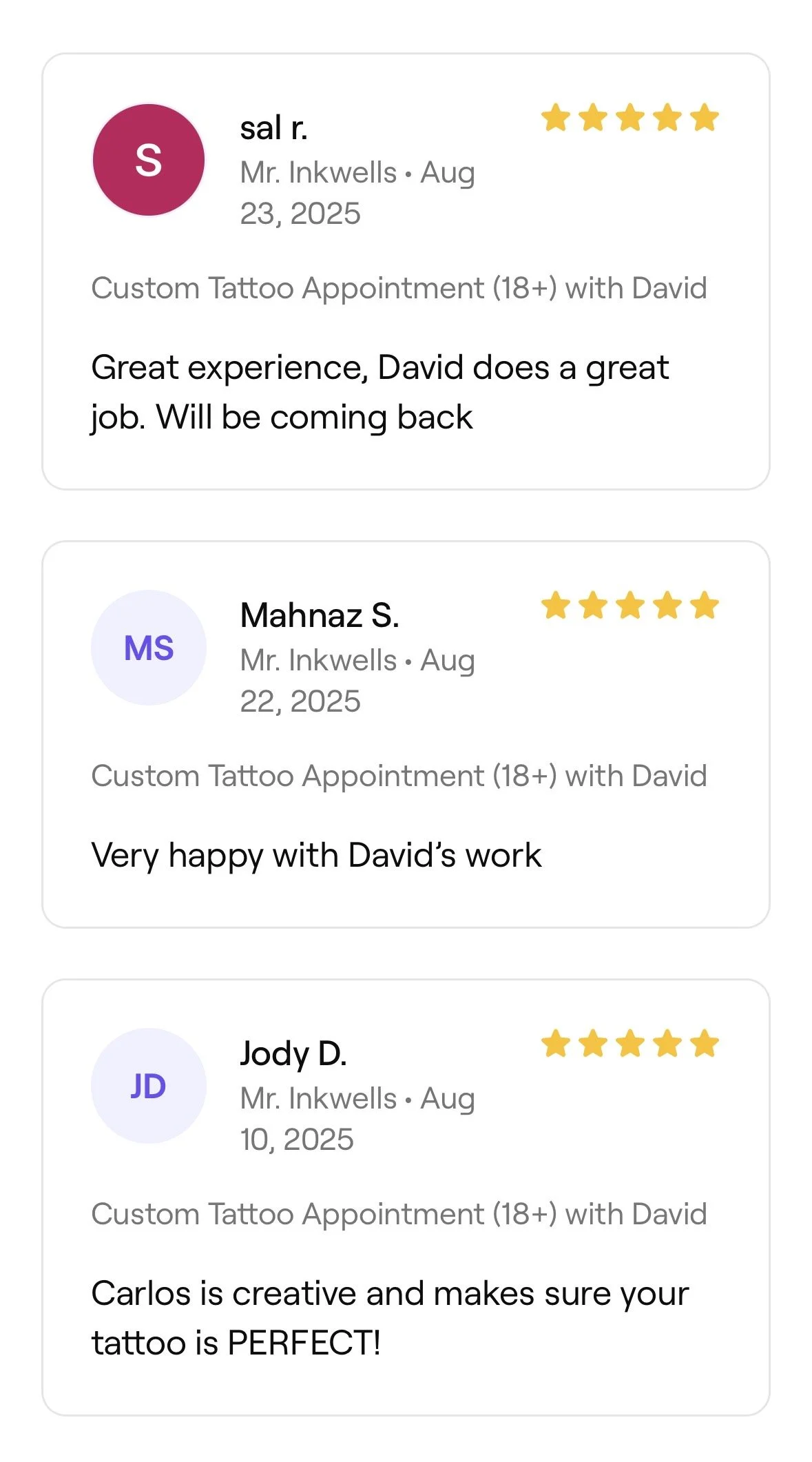 Screenshot of three customer reviews for a tattoo appointment with names, dates, star ratings, and positive feedback.