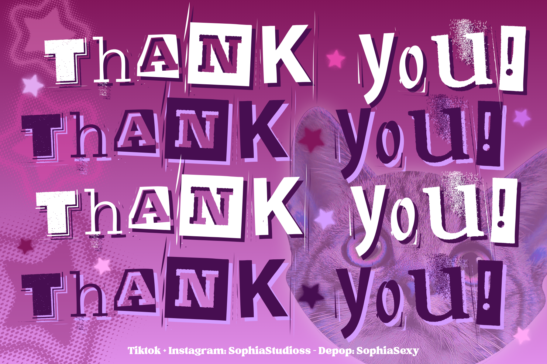 A graphic thank you message with overlapping purple, white, and black text reading "Thank You!" in various styles on a purple background. A faint image of a cat's face is visible in the background with star and sparkle decorations.