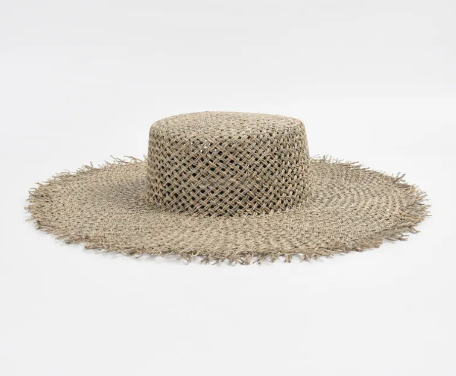 Frayed Wide Brim Seagrass Straw Boator Hat.png