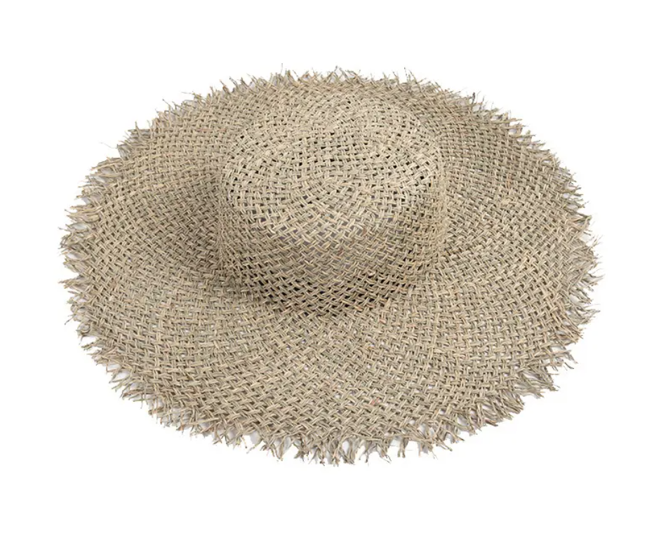 Frayed Wide Brim Seagrass Straw Boator Hat headdown.png