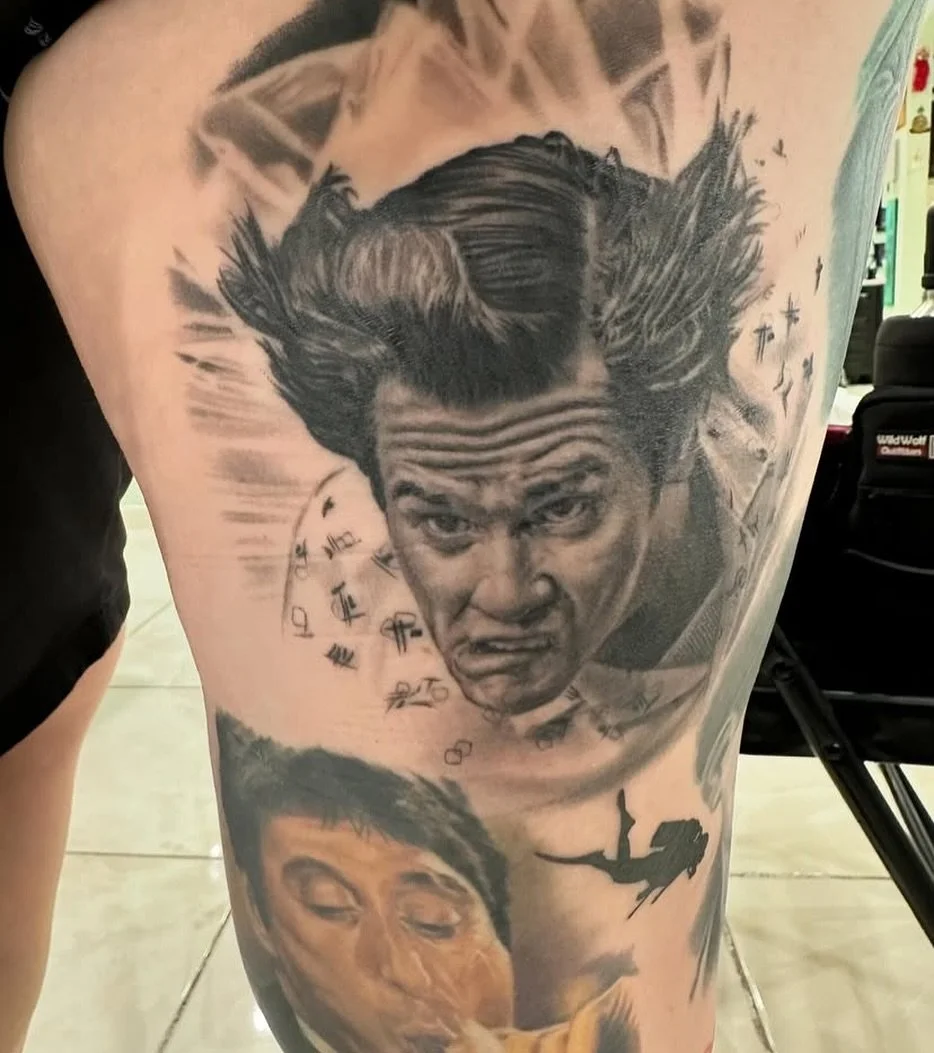 Black and grey portrait healed of Jim Carrie and Scarface in color. No filters needed done by @adrianlazo613 !
.
Soonest you can book is next month. Now is the time to get that tattoo you been wanting from Adrian !