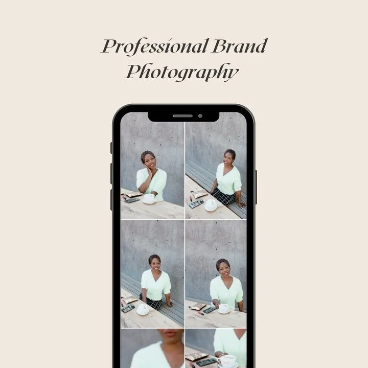 A smartphone displaying a grid of professional portrait photographs of a woman against a concrete wall background, with text above reading "Professional Brand Photography."