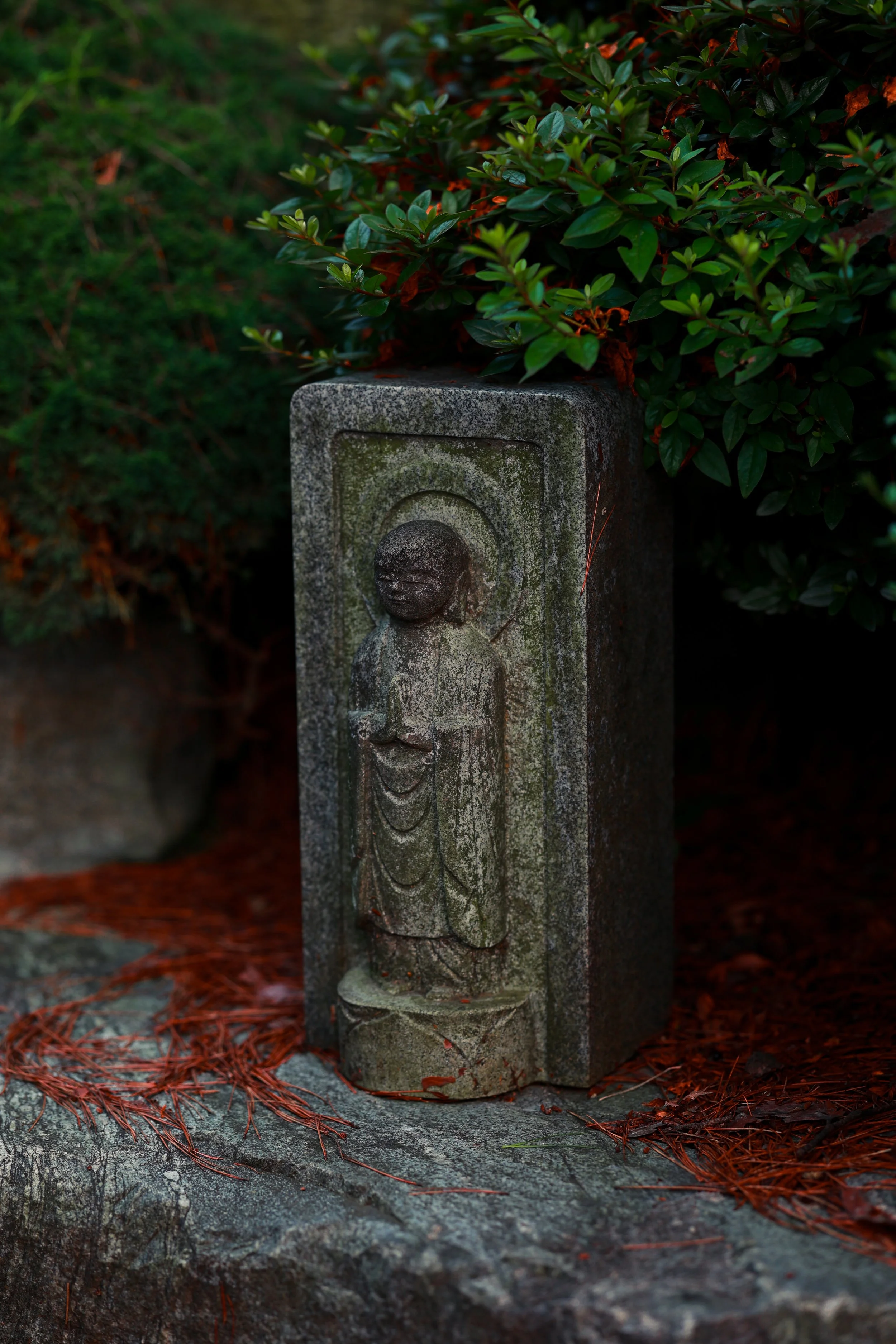 A stone statue of a standing figure with closed eyes, adorned with a flowing robe, is situated outdoors among green bushes with red leaves. The statue is mounted on a rock surface.