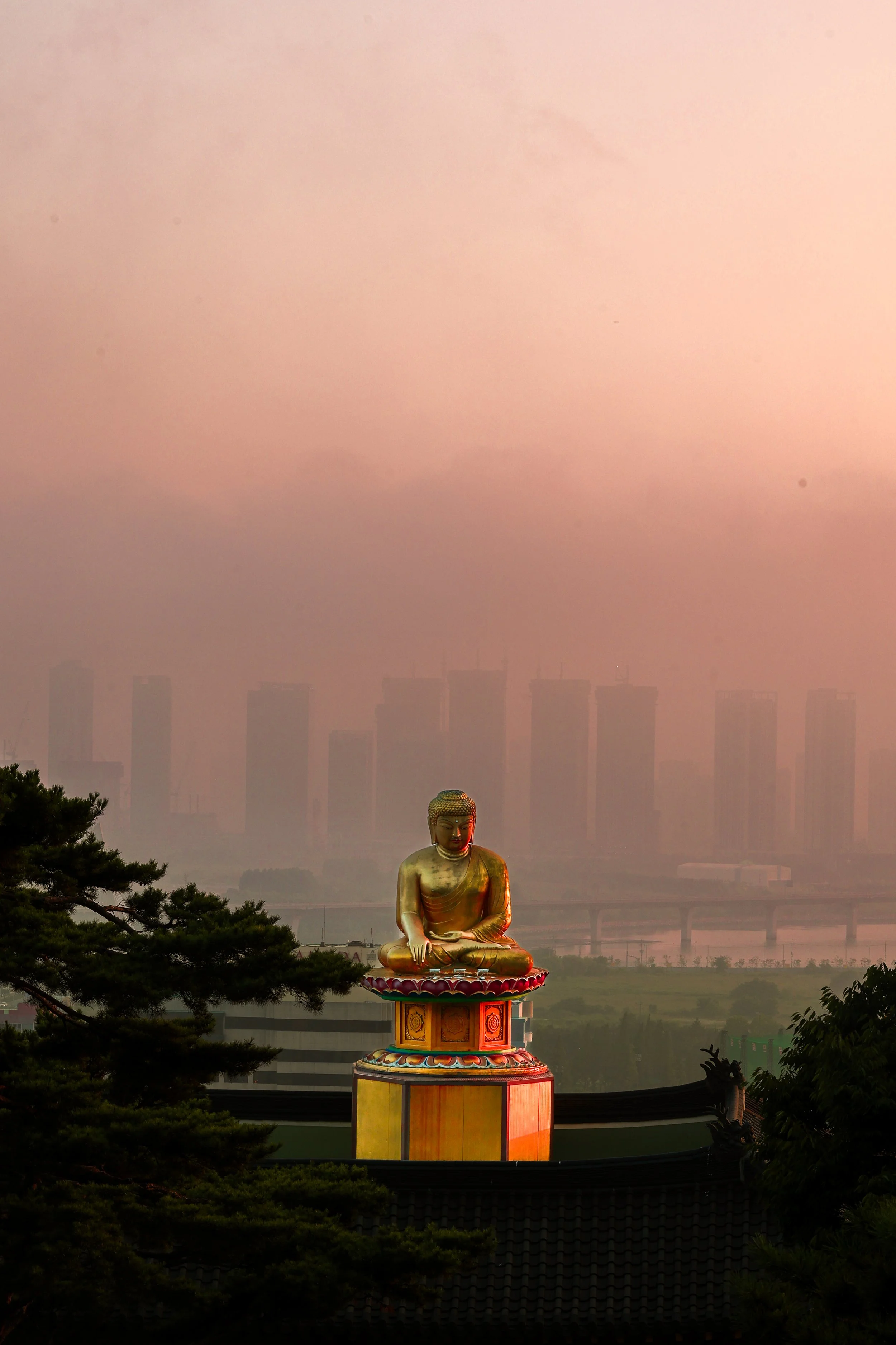 A large golden Buddha statue seated on a decorated pedestal outdoors, with trees in the foreground and a city skyline with high-rise buildings in the background during sunset or sunrise.