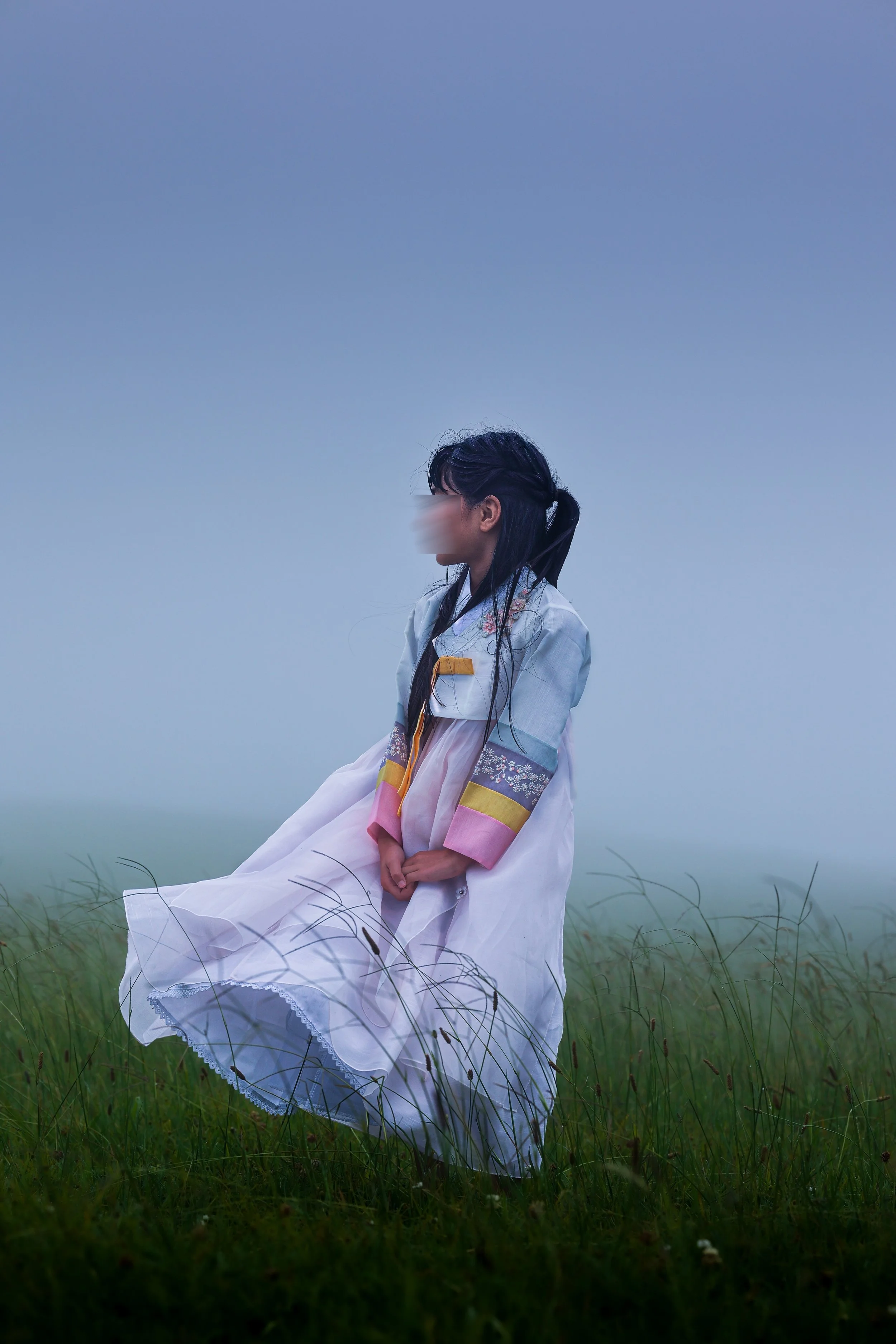 A young woman in traditional Korean dress sitting in a grassy field, with a foggy landscape and a blue sky in the background.