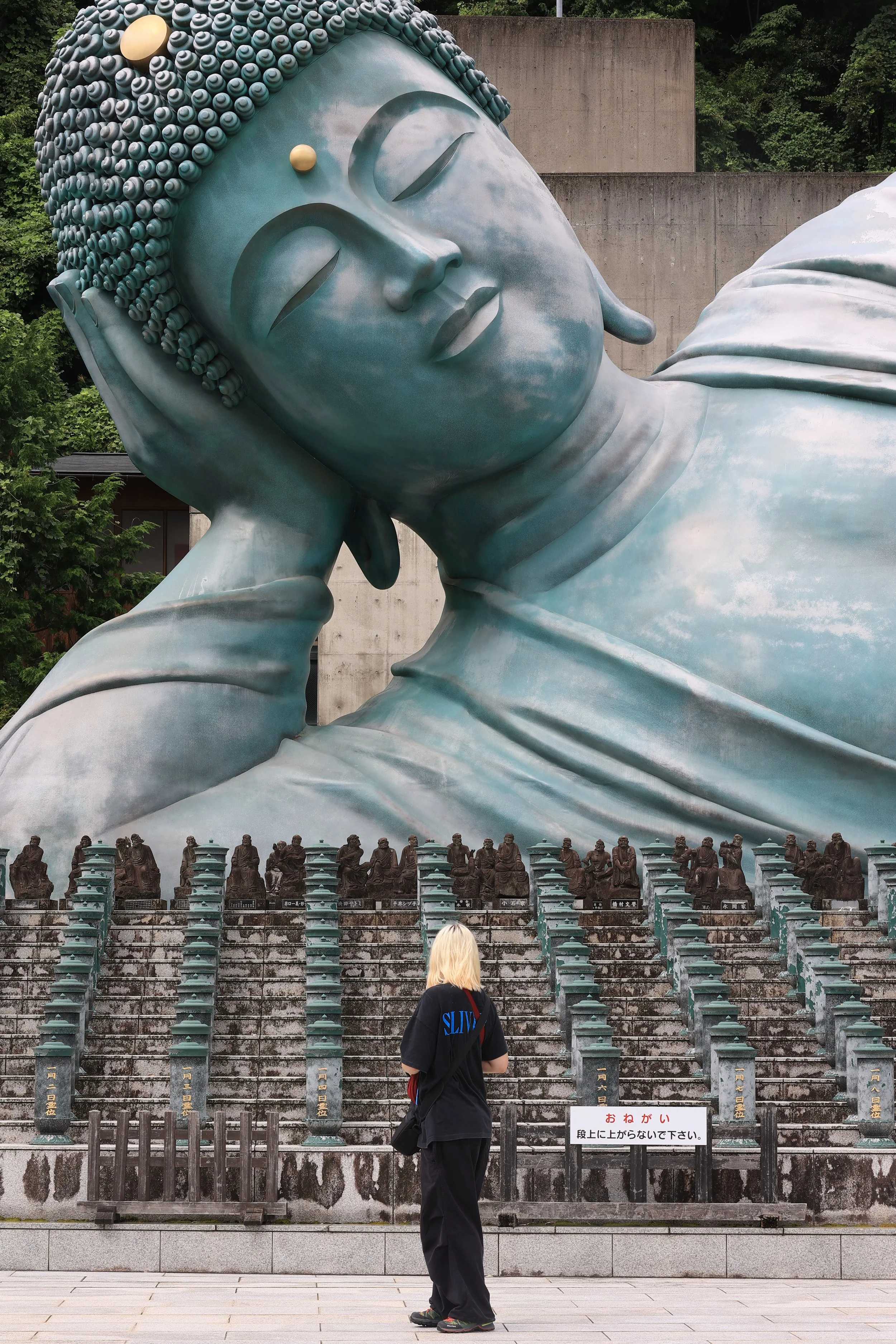 A person with blond hair looking at a large reclining Buddha statue. The Buddha is metallic-colored, lying on its side with closed eyes and a peaceful expression. The statue is situated outdoors with greenery in the background. There are smaller statues and a sign with Japanese writing in front of the larger statue.