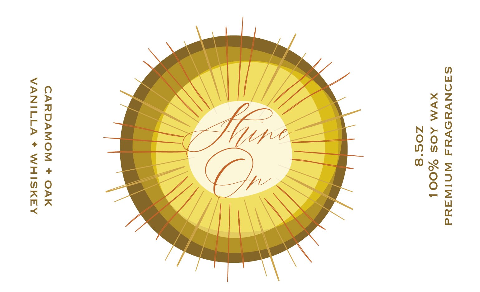 Sunburst design featuring the words 'Shine On' in elegant script at the center. Surrounding the sunburst are details about a scented candle, including ingredients and scent notes. Design by Hannah Loomis.