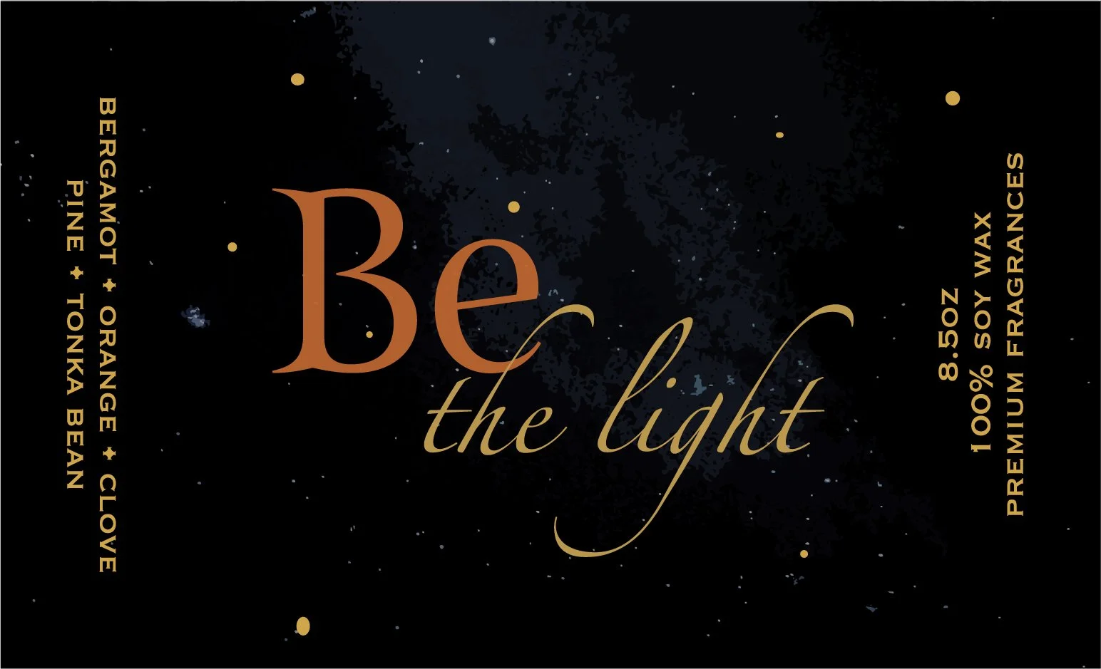 Black background with gold and beige text promoting a product called 'Be the light,' featuring bergamot, pine, tonka bean, orange, and clove. Design by Hannah Loomis.
