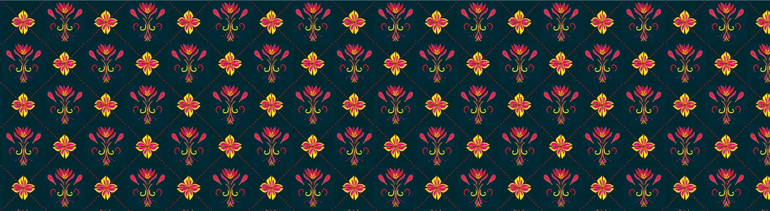 A repeating pattern of pink, yellow, and green floral motifs on a dark background. Design by Hannah Loomis.