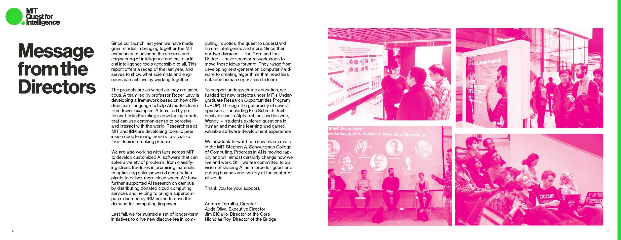 Annual report spread with text on the left and four pink-tinted photos on the right, showing people at an MIT event or conference, engaging with posters, displays, and each other. Design by Hannah Loomis.